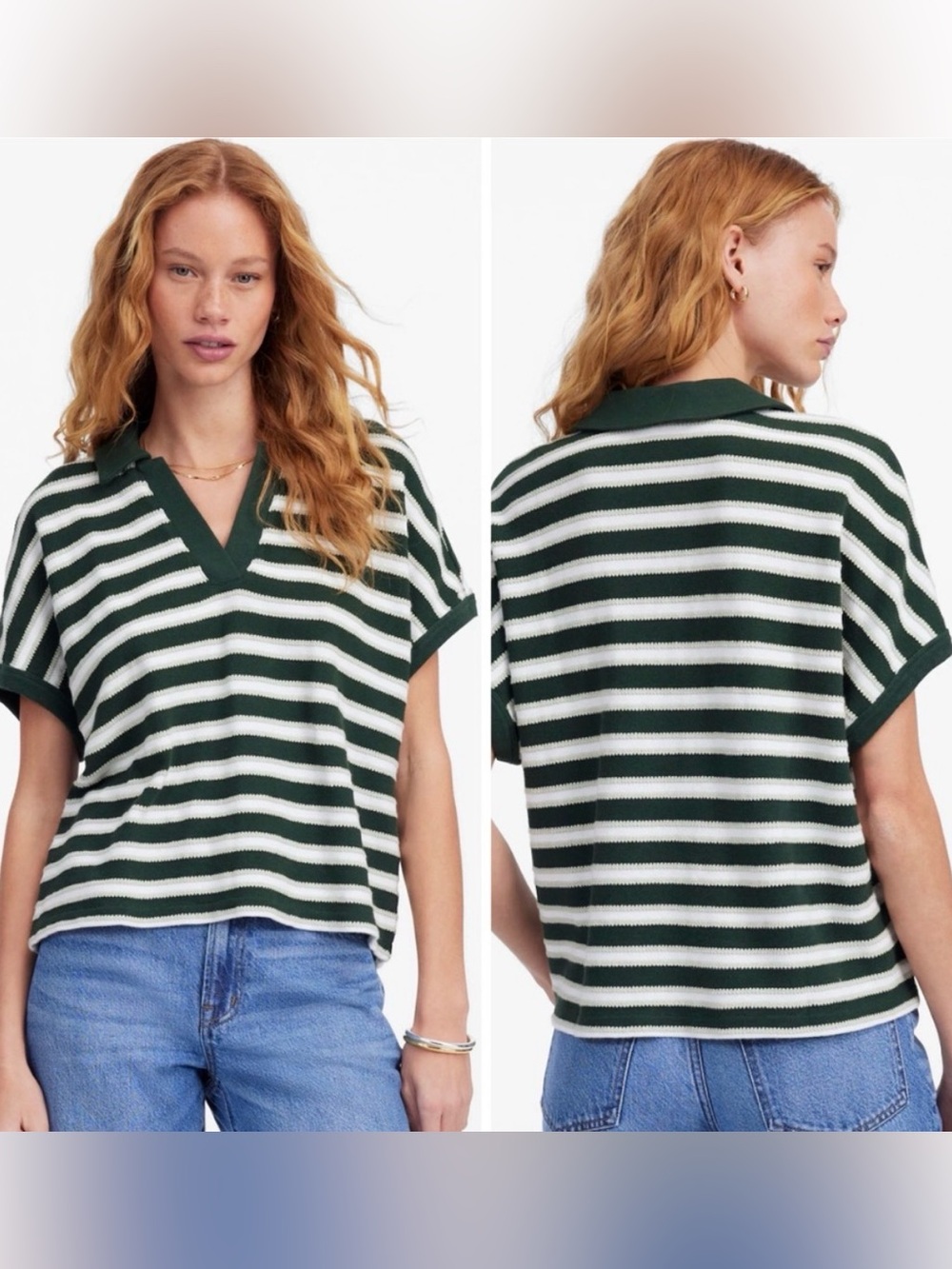 Madewell Relaxed V-Neck Short Sleeve Knit Polo Top Summit Green Stripe Sz Small